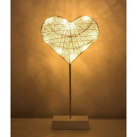 Decorative Table Lamp, Battery Powered Heart Shaped LED Bedside Lamp, Warm White Night Light, Home Bedroom Workplace Decoration - White