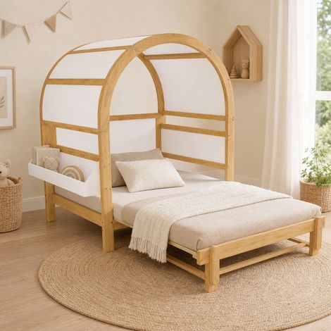 Kinderbett Kiefer/MDF Weiß+Natur 140x200 cm, ausziehbar mit Schiebebett, Hausbett mit Lattenrost (1/5)