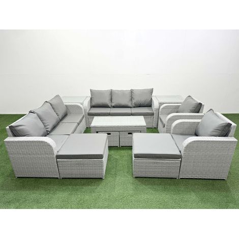 Fimous PE Wicker Rattan Furniture Sofa Sets with Oblong Coffee Table 3 Seater Sofa 4 Stools 2 Side Tables Light Grey (1/4)