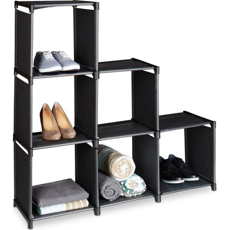 Étagère escalier, 6 compartiments, meuble rangement, HxLxP : 109x106x30 cm, séparateur de pièces, noir (1/5)