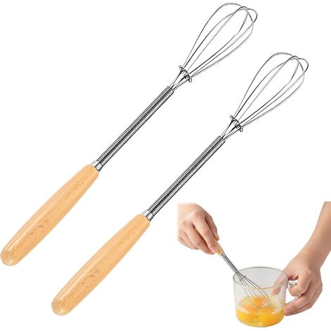 Lot de 2 Petits Fouets Cuisine en Acier Inoxydable avec Poignée en Bois, Mini Fouet Cuisine pour Mélanger Les Œufs, Fouet Robuste, Batteur Manuel pour Faire mousser et Battre la crème (1/5)