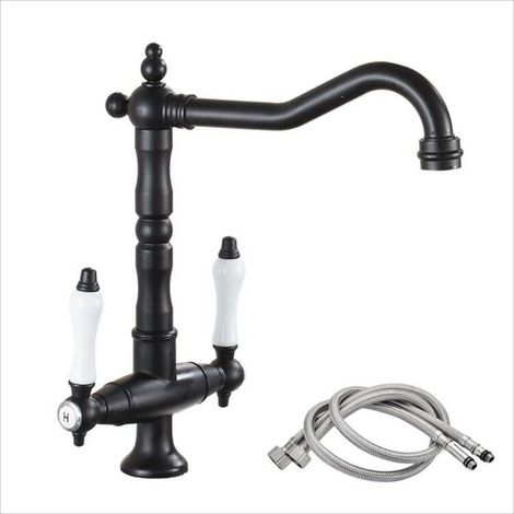 Wasserhahn Küche Vintage, Küchenarmatur 360° Drehbar, Zweigriffmischer Spültischarmatur Kaltes und Heißes Mischbatterie , G3/8 - Schwarz (1/5)