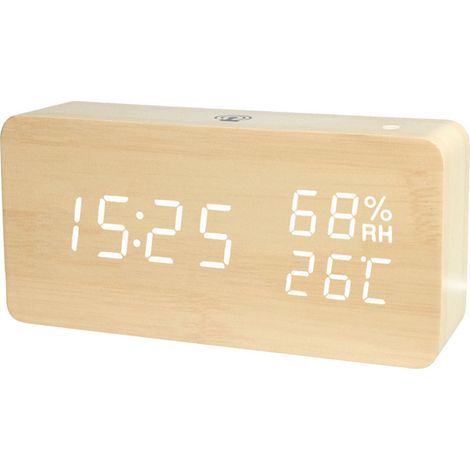 Wecker aus Holz mit LED-Beleuchtung, per App steuerbar, Anzeige von Uhrzeit, Temperatur, Luftfeuchtigkeit und Datum, 4 Helligkeitsstufen, einstellbare Lautstärke, Stromversorgung über USB oder Batteri