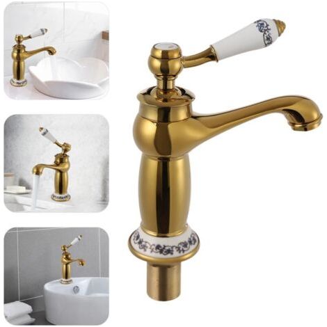 Robinet de salle de bain rétro en laiton - Style vintage - Mitigeur monocommande - Pour cuisine et salle de bain - Doré (1/4)