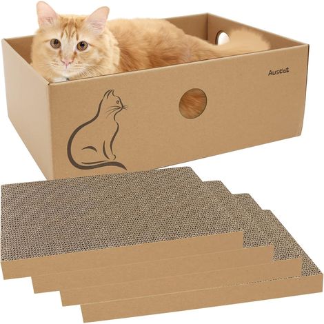 Carton à Griffer avec Boîte, Lot de 4 Panneaux Réversibles pour remplacer Le Carton à Griffer, Salon de Griffage pour se Reposer et Jouer à l'intérieur (1/5)