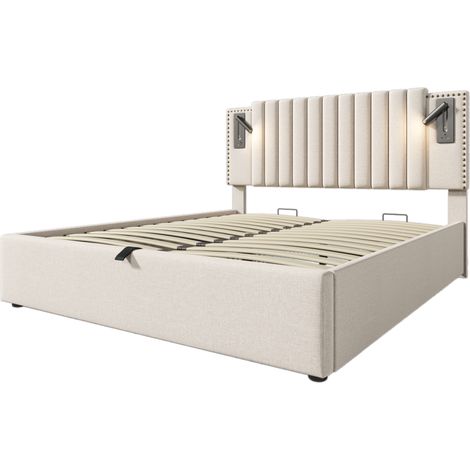 Cama doble tapizada 160x200 beige con canapé, lámpara de lectura y puertos USB-C (1/5)
