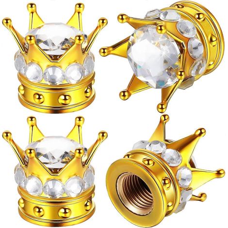 Lot de 4 bouchons de valve de pneu Crown, ornés de strass et de cristaux, faits main, universels, chromés, pour véhicules et voitures. (1/4)