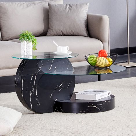 Tavolino da caffè moderno e minimalista in vetro temperato, con struttura multistrato e supporto in MDF di alta qualità, decorato con adesivi neri testurizzati. Disponibile in molti colori. (1/5)
