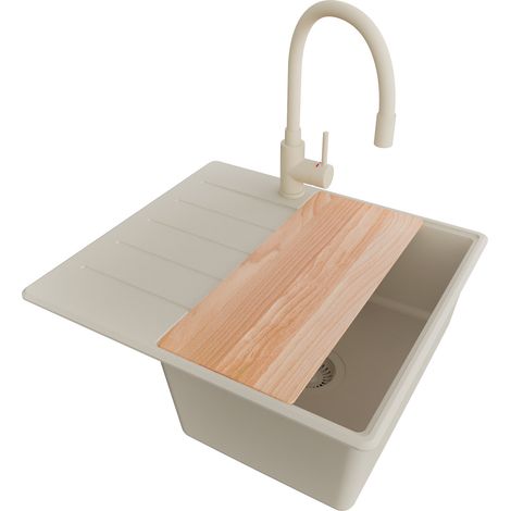 PRIMAGRAN Evier Cuisine en Granit 55x50cm, Lavabo 1 bac + Robinet 38x14cm + Kit de Vidage + Accessoire, Évier à Encastrer au meuble 40cm - Copenhague, Beige (1/5)