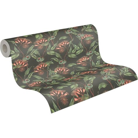 Papier peint intissé noir et vert Tapisserie à fleurs rouges style tropical jungle Papier peint floral idéal pour chambre et salon (1/5)