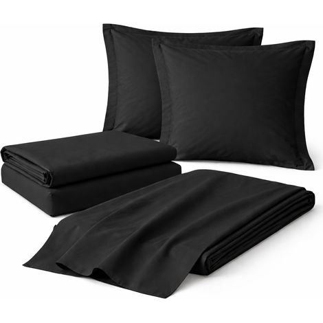 Parure de draps 4 Pièces en coton 57 fils 160 x 200 cm Noir – Drap-Housse, Drap Plat et 2 Taies d’Oreiller