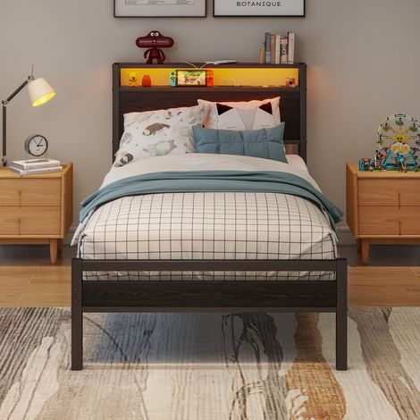 Lit avec rangement lit adulte 90x200 cm en métal avec tête de lit avec étagère, usb et led, lit moderne pour adolescent ou chambre d’amis, noir (1/5)