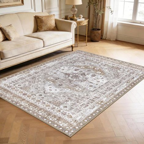 Tapis lavable pour salon, salle à manger, cuisine, bureau, tapis de sol antidérapant traditionnel oriental à poils courts pour salle à manger, cuisine, bureau, 120 x 180 cm, marron (1/5)