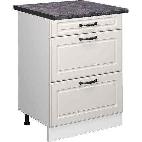 Küchenunterschrank R-Line, Weiß Landhaus, 60 cm mit Schubladen, AP Anthrazit, Vicco