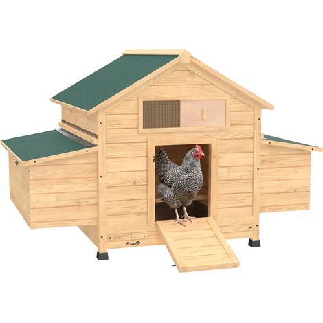 PawHut gallinero de madera para exterior para 2-4 gallinas con 2 nidos, bandeja extraíble, perchas, techo impermeable, 150x100x96,5 cm, amarillo