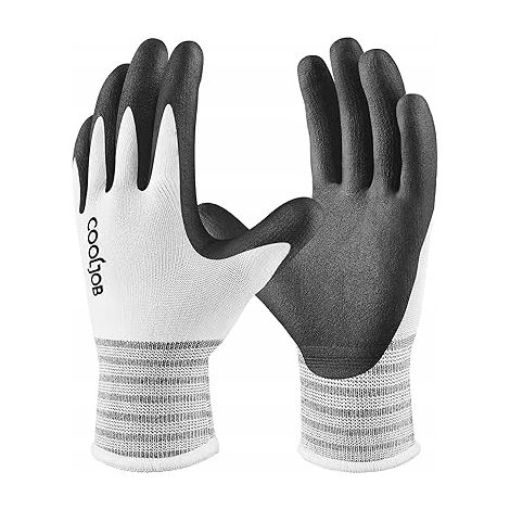10 pares de guantes de trabajo recubiertos de nitrilo con agarre potente, blancos y negros, talla grande. (1/3)