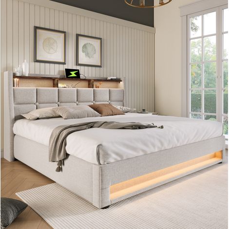 Letto imbottito 180x200 cm beige in lino, con LED, USB, rete a doghe e contenitore a sollevamento