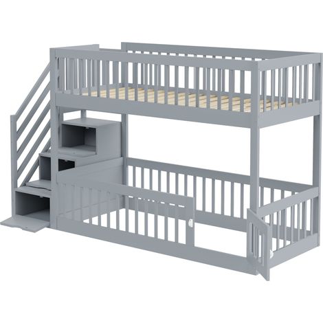 Lit superposé 90x200 avec échelle de sécurité et tiroirs, gris, lit en bois avec rangement pour enfant et adolescent (1/5)