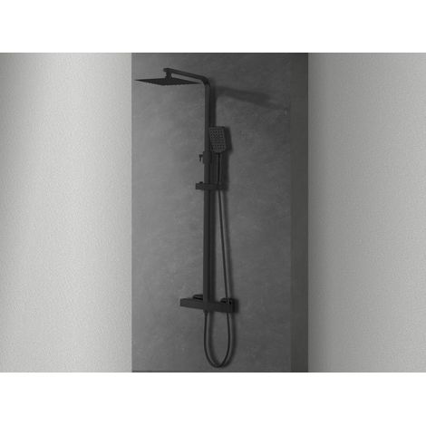 NALA - Set Säulendusche mit Thermostat in mattem Schwarzstahl, inklusive Slim-Duschkopf, Handbrause und Schlauch, höhenverstellbare Stange