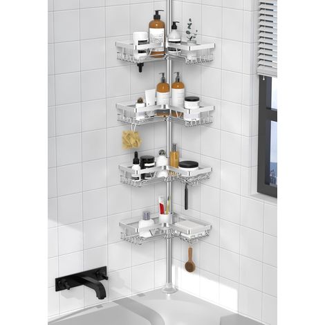 Etagere Douche - Etagere Telescopique Douche sans Percage, Tablette d'angle Réglable en Hauteur avec 4 Paniers, Argent (1/5)
