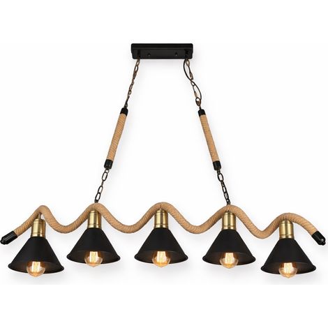 Lampadario a Sospensione 5 Luci Stile Industriale con Corda in Canapa, Attacco E27 (lampadine non incluse), Paralumi Metallo Nero e Ottone, Lampadario Rustico per Cucina Sala da Pranzo Pub