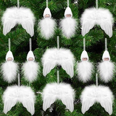 12-teiliges Set weißer Feder-Weihnachtsdekorationen, weiße Engelsflügel zum Aufhängen, weiße Federflügel als Weihnachtsbaumschmuck (1/5)