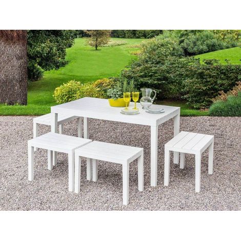 Dmora Outdoor-Lounge-Set Sanremo, Gartenset mit 1 rechteckigem Tisch und 4 Bänken, Indoor- und Outdoor-Set für Pic Nic, 100 % Made in Italy, Weiß (1/4)