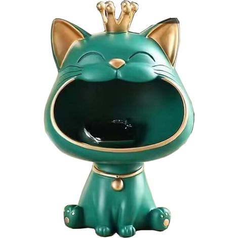 Statue de Chat Porte-Bonheur - Sculpture de Rangement pour Petits Objets Décoratifs - Maison, Salon, Entrée - Chat Rieur (Vert) (1/5)