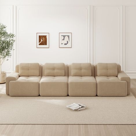 Canapé d'angle-modulaire-4 places-confortable-velours côtelé assise profonde-style nuage-sans montage-beige-382x104x69cm (1/5)