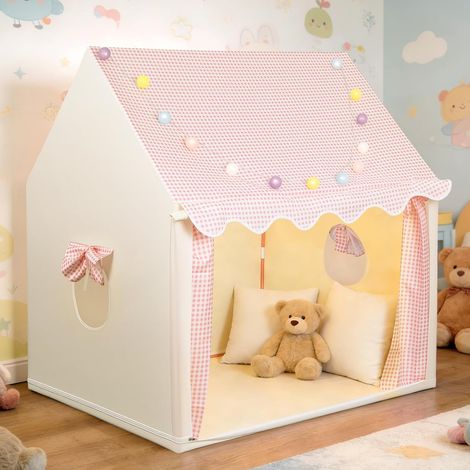Tente de Jeu Enfants Interieur Rose avec Fenêtres Lampe LED 120 L x 100 l x 130 H cm Tente pour Tout-Petits Facile à Installer Support Métallique Sac de Rangement Accueillir 2-3 Garçons Filles