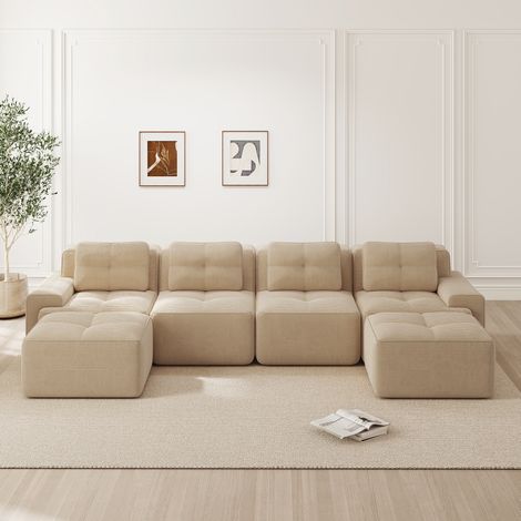 Divano modulare 4 posti in velluto a coste beige, a U con chaise longue, senza montaggio DESVIAE (1/5)