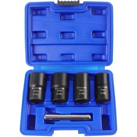 Coffret de douilles extracteurs de vis jeu de 5 douilles torsadées pour retirer les écrous de roue 17 mm, 19 mm, 21 mm et 22 mm, HANBING-Chrom (1/5)