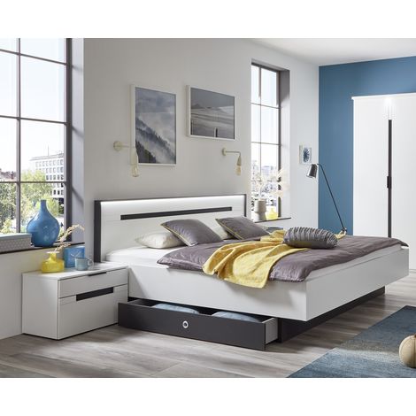 Lit adulte double 180x200 cm King Size + 2 chevets coloris blanc/graphite - Longueur 189 x Hauteur 96 x Profondeur 210 cm -PEGANE- (1/4)