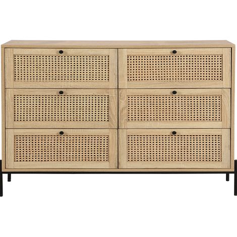 Homifab – Commode enfant 6 tiroirs en cannage naturel – Effet chêne 120x40x90 cm – Système softclose – Piètement métal noir (1/5)