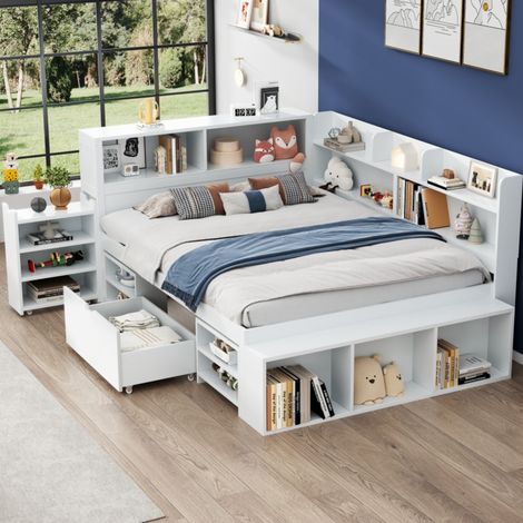 Letto per bambini in compensato bianco 140x190 cm con cassetti, scaffali e rete a doghe inclusa (1/5)
