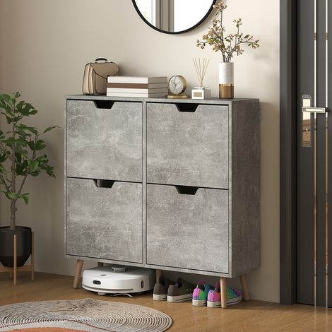 Schuhschrank mit 4 kippbaren Schubladen, 2 Ebenen, für 16 Paar Schuhe, aus Holz, 95 x 26 x 95 cm, grau (1/5)