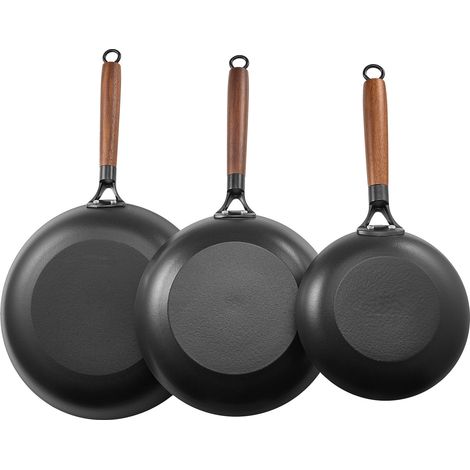 Mophorn Juego de sartenes de hierro fundido, colección de 3 piezas (205, 265 y 310 mm), antiadherentes con mango de madera extraíble, precuradas para cocinas de gas, eléctricas y de inducción (1/5)