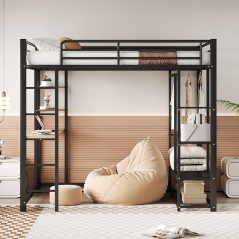 DESVIAE Lit mezzanine double en métal 140 x 200 cm avec bureau étagères penderie latérale et échelle noir (1/5)
