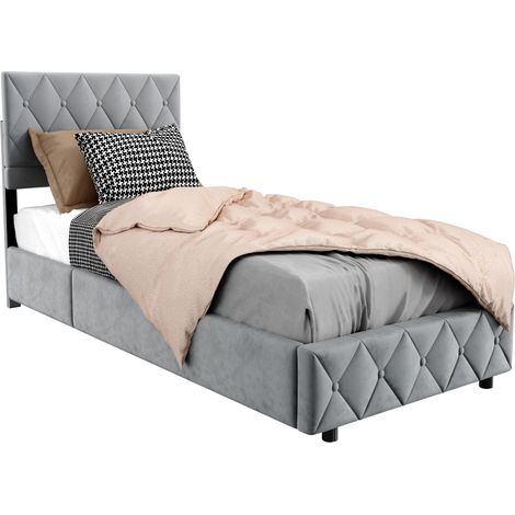 Lit avec sommier 90x190 cm, coffre de rangement sous le couchage, cadre rembourré en simili cuir gris, structure à lattes pour couchage une place, sans matelas - CHICFURN (1/5)