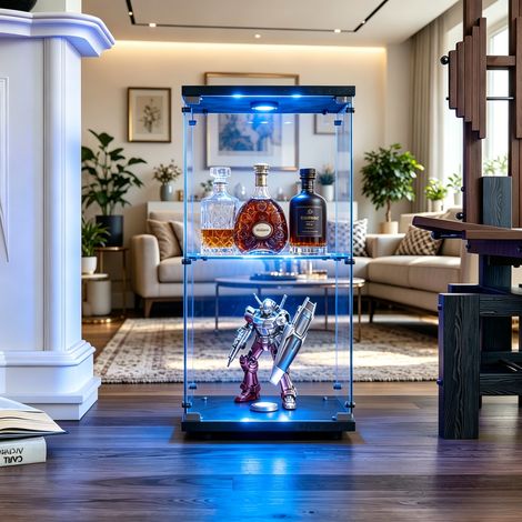JOOKGBD-Vitrine en Verre LED,Vitrine pour Collection,casiers,Armoire Vitrine Pour Collection avec 1 Porte 2 étagères,verre trempé,Effet miroir,Meuble VITRINES Verre,Noir (1/5)