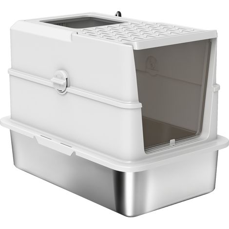 Bac à litière pour chat fermé, maison de toilette pour chat en acier inoxydable, 60,2 x 40,2 x 43,7 cm, gris clair