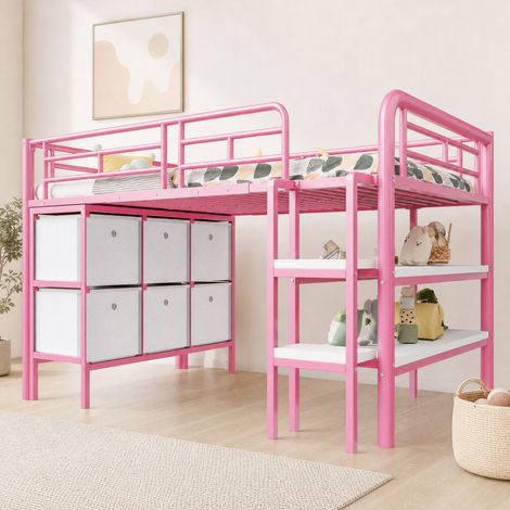 Cama alta infantil 90x200 de metal con almacenaje, escalera ancha y estantes rosa OKWISH (1/5)