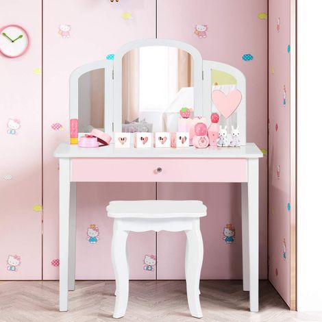 COSTWAY Kinder 2 in 1 Schminktisch Set, Frisiertisch mit dreifach klappbarem Spiegel & Schublade, Kosmetiktisch mit Schminkhocker, Schminkkommode Weiss (1/5)