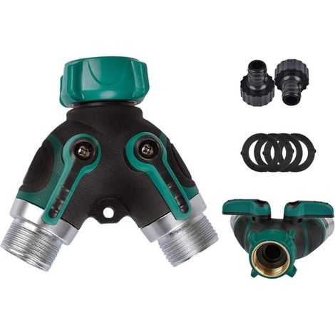 Séparateur de robinet à 2 voies 3/4", raccord de tuyau d'arrosage avec vannes marche/arrêt individuelles, adaptateur de robinet avec 2 connecteurs et 4 rondelles en caoutchouc (1/4)
