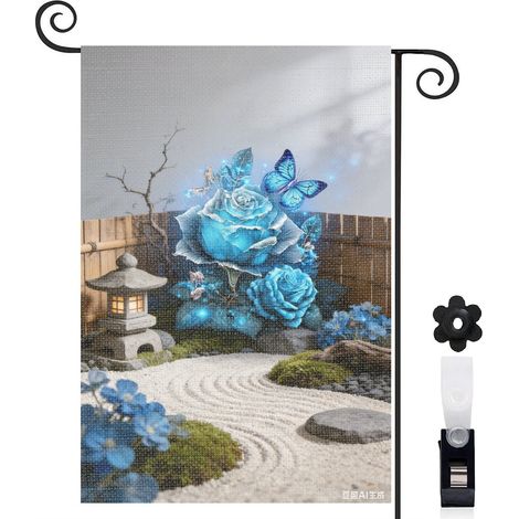 Drapeau vertical Welcome et roses bleues vibrantes 30 x 45 cm décoration porche et entrée (1/5)
