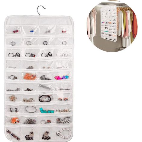 Boîte à bijoux suspendue, 80 compartiments, boîte à bijoux blanche zippée (1/4)