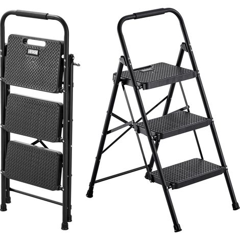 Escabeau Pliant 3 Marches Marchepied Pliable Charge 272 kg Échelle Domestique en Acier pour Cuisine, Bureau, Travaux Ménagers, avec Large Marche Antidérapante, Poignée, Léger et Portable, Noir (1/5)