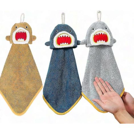 Lot de 3 serviettes de toilette requin avec boucle de suspension - Serviettes de bain douces pour enfants et adultes (jaune, bleu, gris) 41 x 21 cm (1/5)