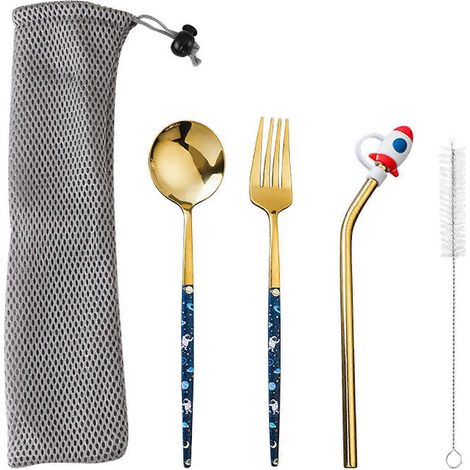 Tragbares Besteckset aus Edelstahl, bestehend aus Gabel, Löffel und Strohhalmen.