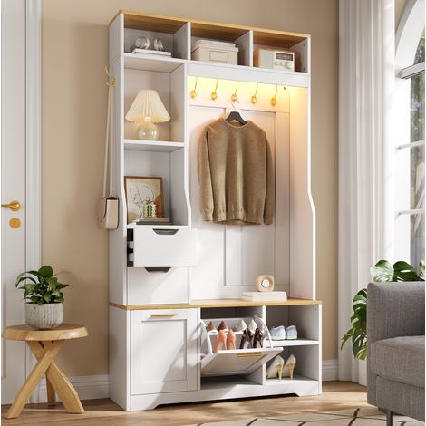 MODFU – Meuble entrée 100x32x186 cm panneaux particules – Banc, penderie et range-chaussures – LED par app et charge 60 kg – Entrée – Blanc (1/5)